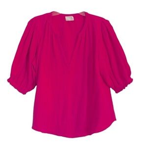 Heroes & Dreamers Rasberry Pink Deep V-Neck Crinkle Boho Cotton top, Small